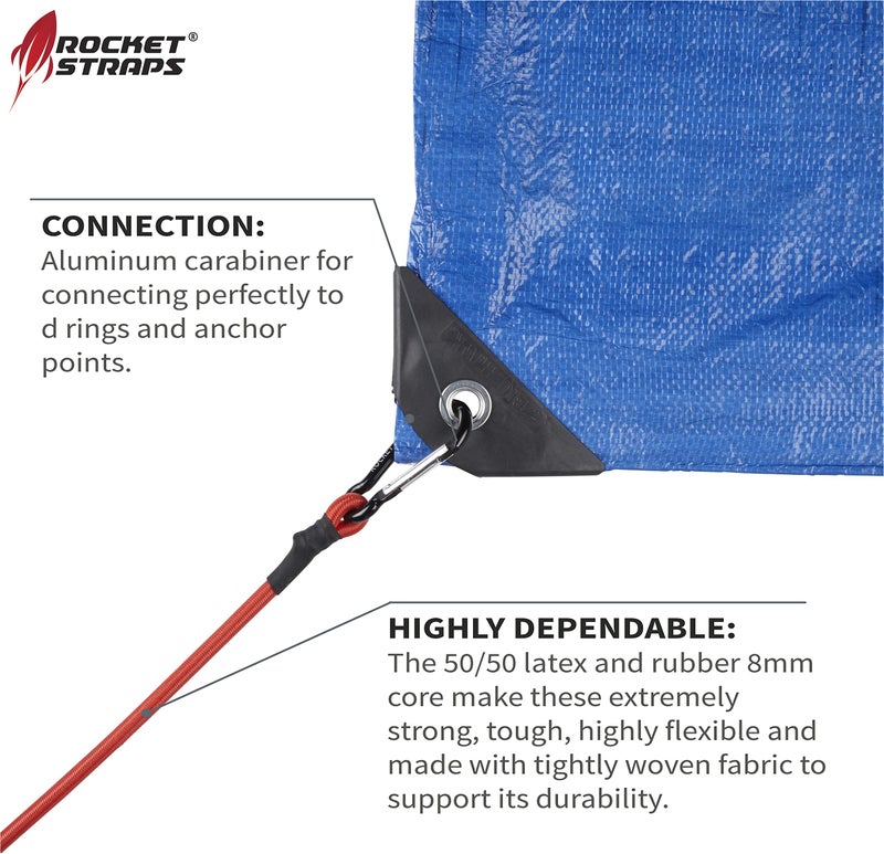 ROCKET STRAPS Bungee Cords | Premium Heavy Duty Outdoor Carabiner Bungee Cords with Hooks | Bungee Cord Assortment Includes | Tie Downs | Ball Bungees | (4) Tarp Clips | Bungie Cord Straps - Image 5